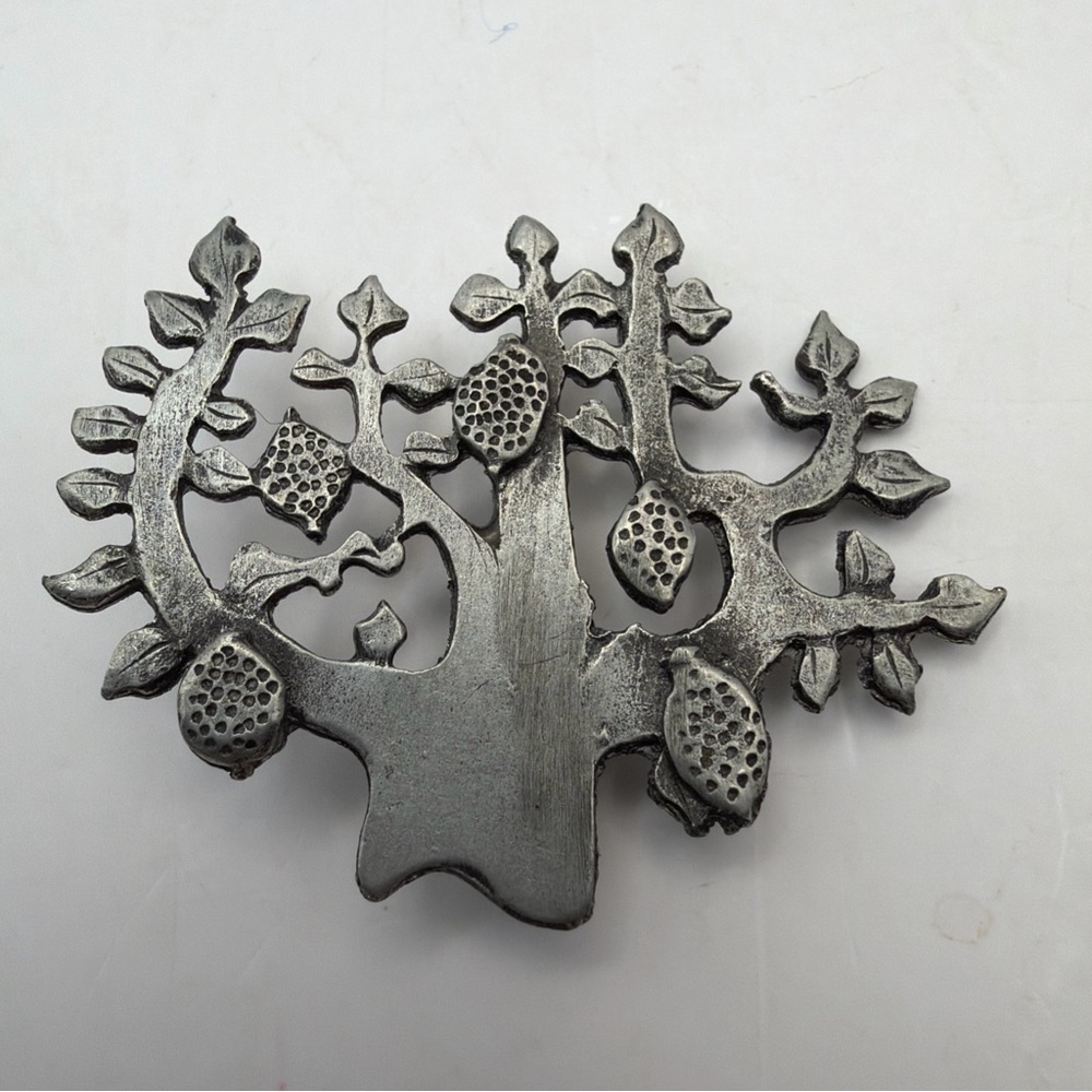 Metzke Brooch Vintage Signed Lemon Tree Pewter Pin 1960s 70s Whimsy Boho 3D